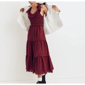 Madewell Petite Lucie Embroidered Cotton Midi Dress Red Size Petite 6 Smocked